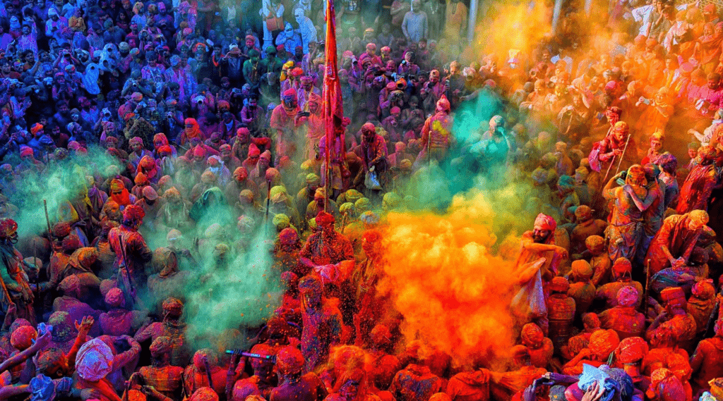 A vibrant crowd of people, covered in colorful powder, joyfully celebrate together.