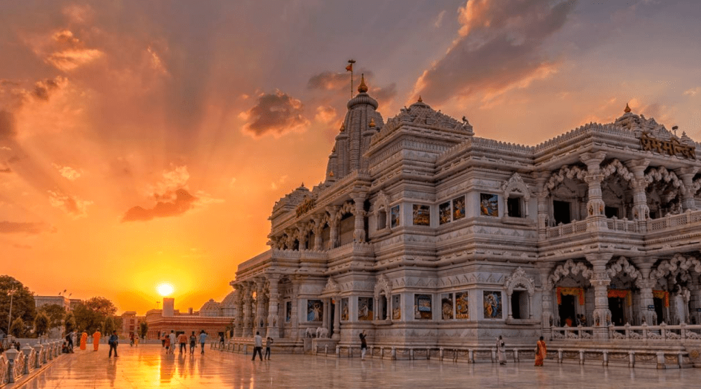 Sunset over Prem Mandir temple in Vrindaman, Uttar Pradesh