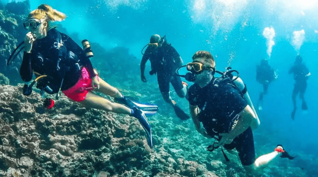 Scuba divers exploring the vibrant marine life in the Andaman's Coral Reef, a world-renowned diving destination.