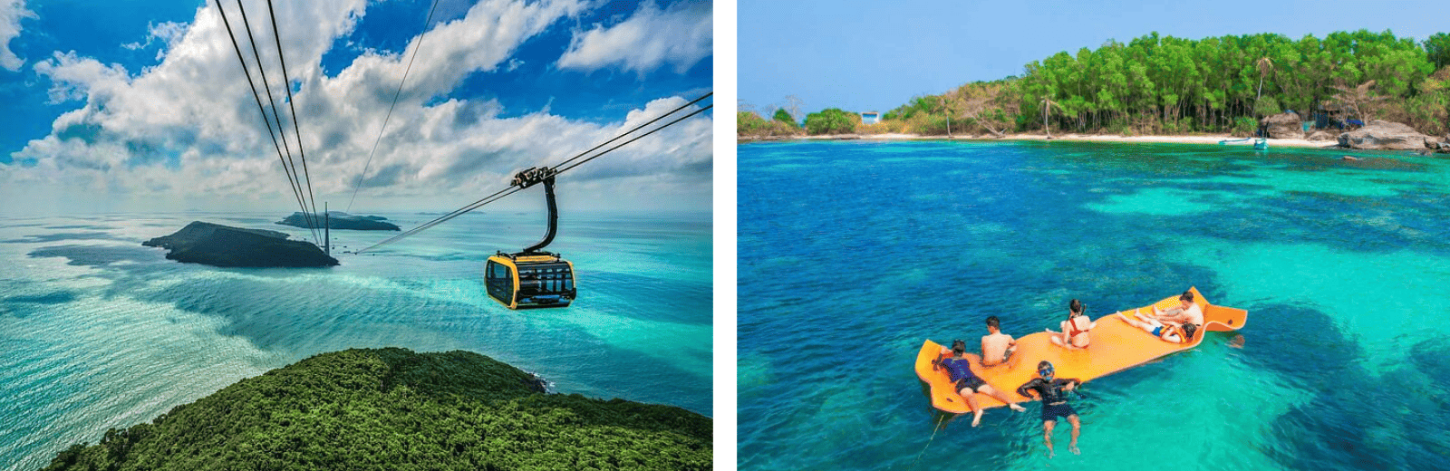 Two images: one shows people enjoying a boat ride, the other features a scenic view from a cable car.
