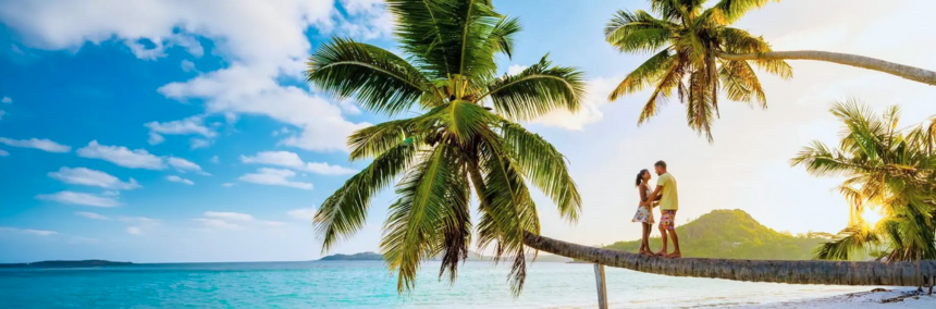 A couple enjoys a romantic moment on a tropical beach surrounded by palm trees under a clear blue sky.