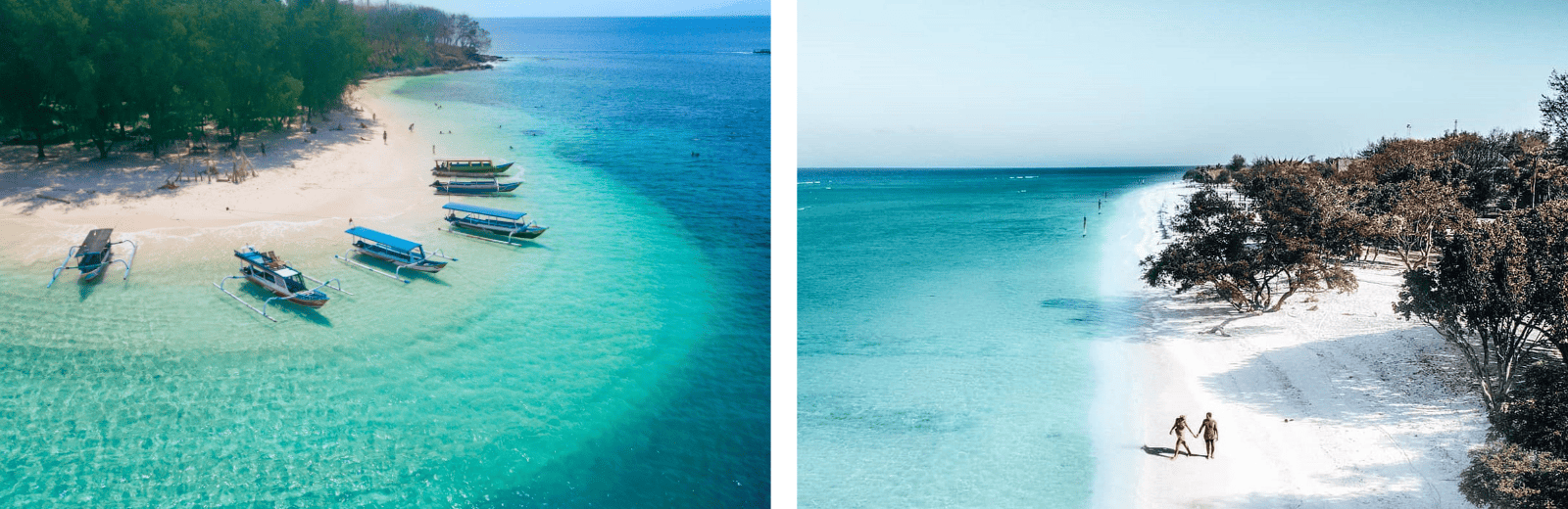 Two images: one of a serene beach with golden sand, the other featuring a boat floating on calm waters.