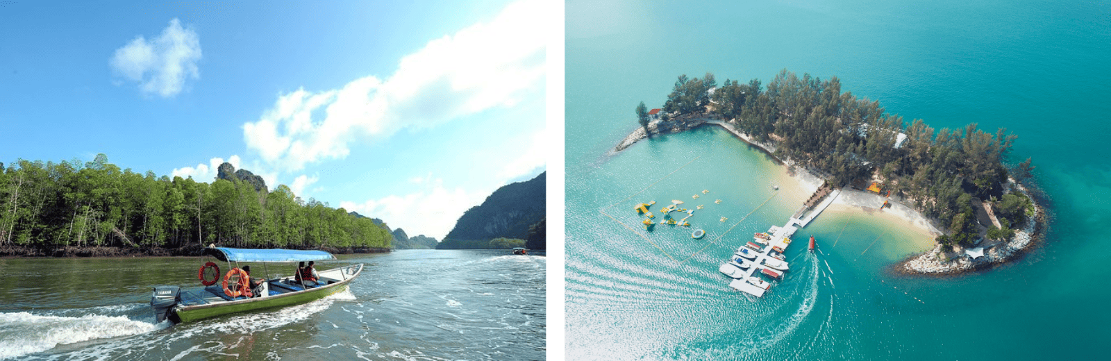 Two images: one of a boat on water and another of a small, lush island surrounded by blue sea.