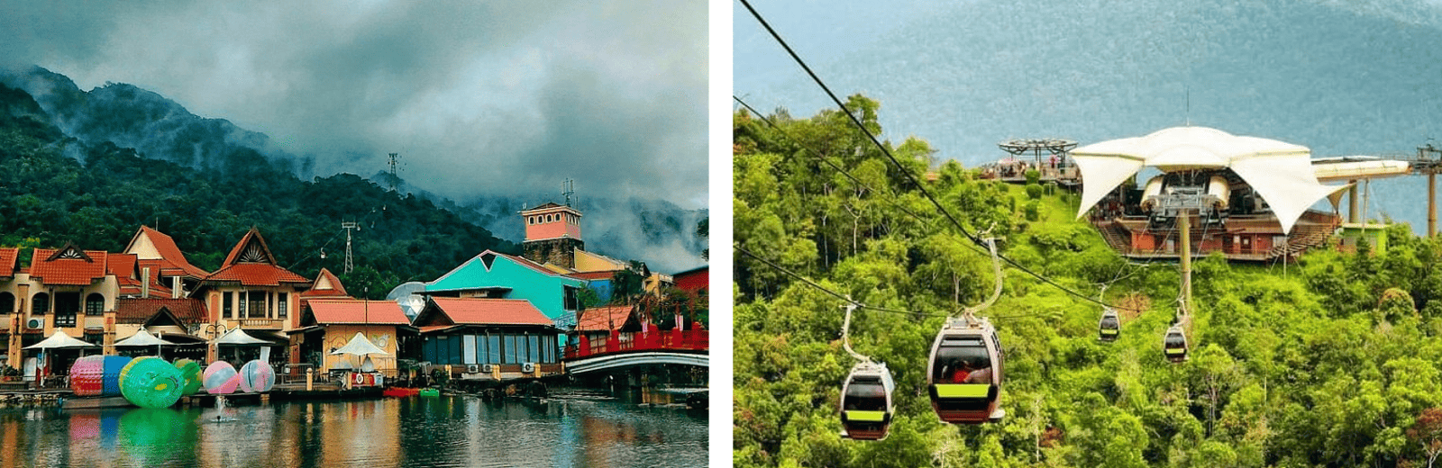 Two images: one of a cable car above a scenic lake, and another showcasing the tranquil lake below.