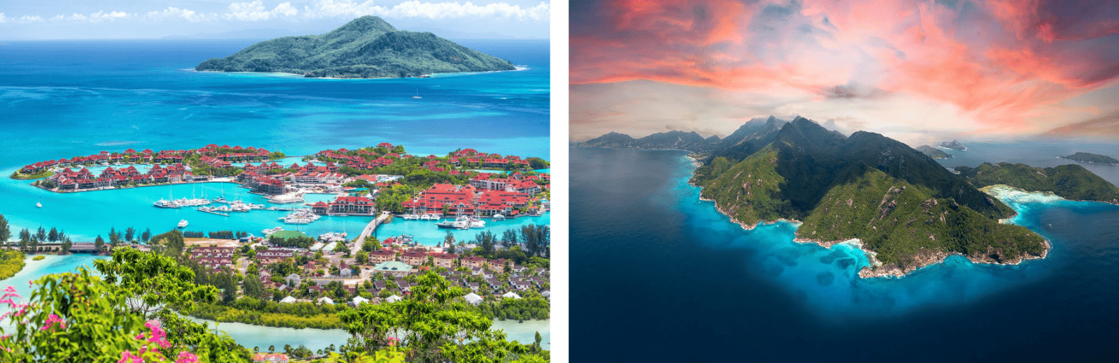 Two visuals of an island and a smaller island, emphasizing their unique landscapes and the tranquil ocean environment.