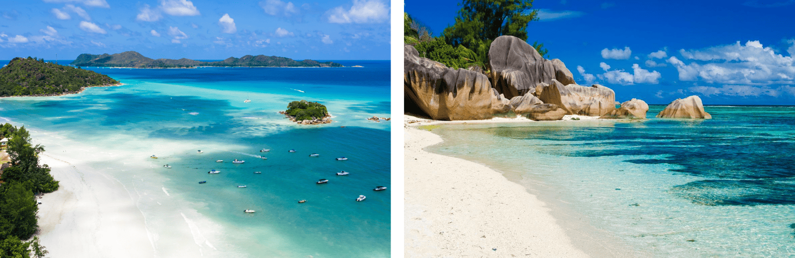 Side-by-side images of a beach, highlighting the soft white sand and tranquil waves in both views.