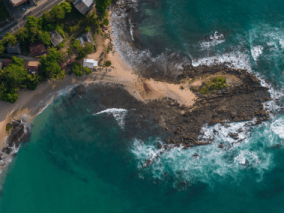 Aerial view showcasing a beach bordered by a lush green forest, highlighting the contrast between land and water.