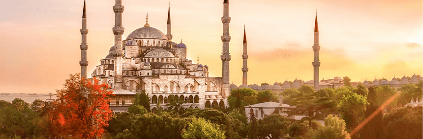 The Blue Mosque in Istanbul, Turkey, showcasing its iconic domes and minarets against a clear blue sky.
