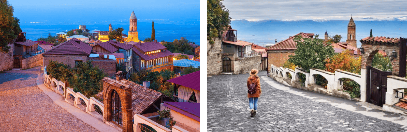 Two images of a street scene featuring a person walking along the sidewalk in a European styled town.