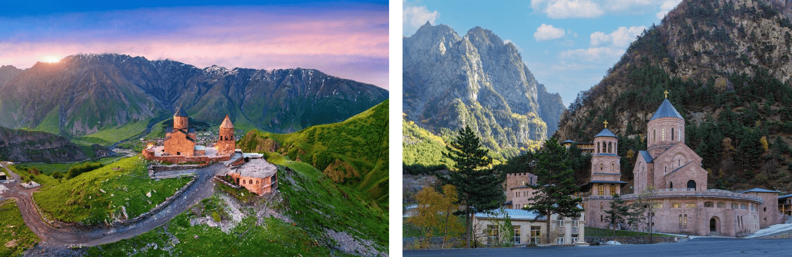 A split image featuring a grand castle on one side and a scenic mountain landscape on the other.