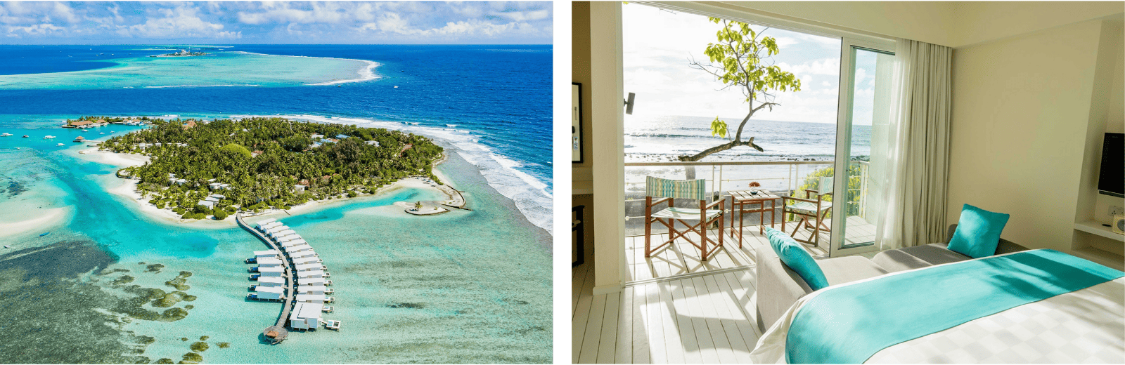 A hotel room featuring modern decor alongside a scenic beach view with clear blue water and golden sand.