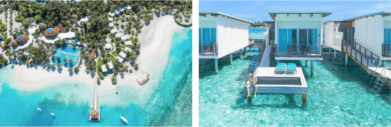 Two images: one of a beach house and another showcasing a small island surrounded by clear blue water.
