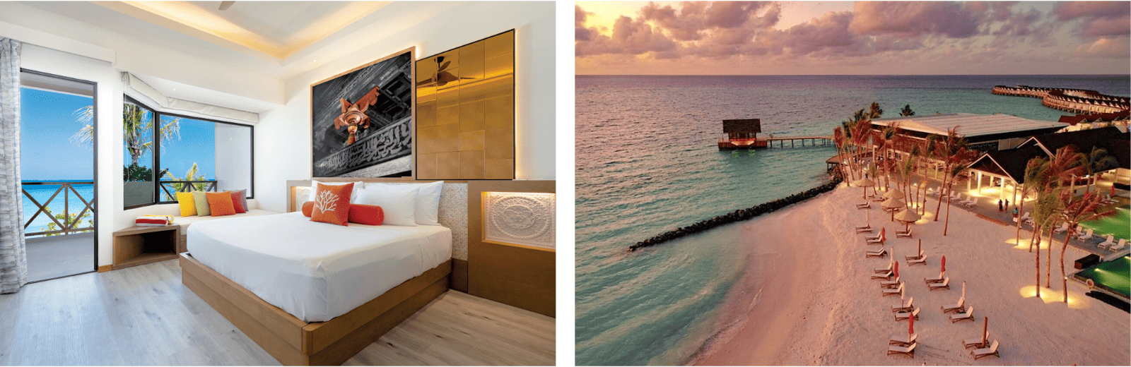 A hotel room featuring modern decor alongside a scenic beach view, showcasing relaxation and comfort.