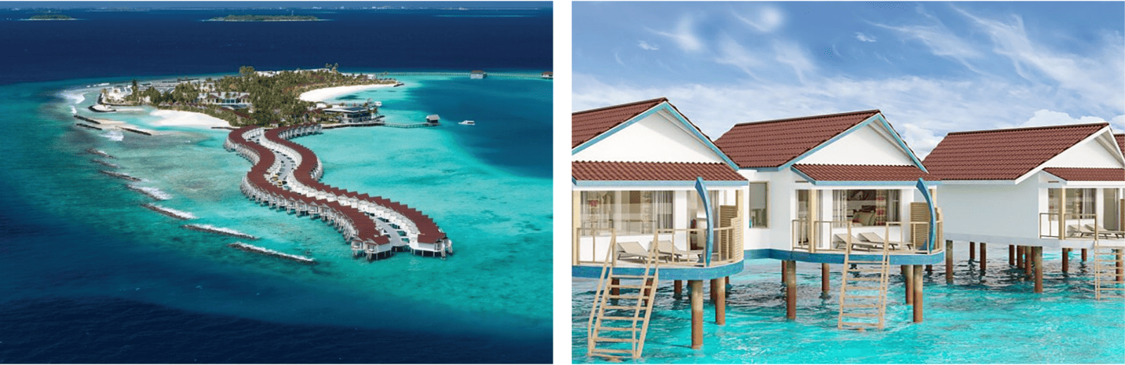 Two images: a stilt house overlooking a beach, showcasing coastal living and scenic views.