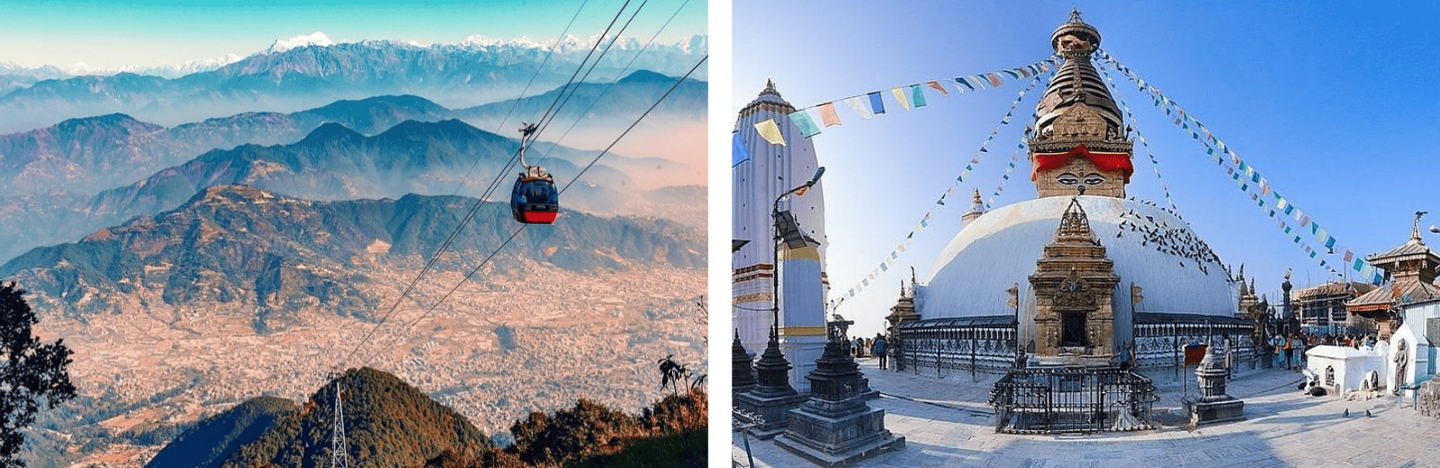 Two visuals: a majestic mountain and a bustling city, with a cable car traversing between them.