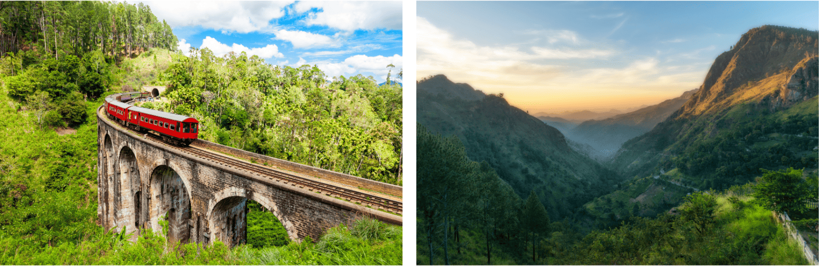 Two images of a train crossing a bridge with a mountain backdrop, showcasing scenic transportation and natural beauty.