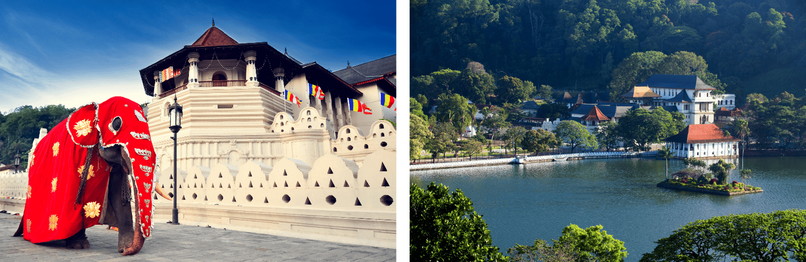 Two images: one of a majestic castle and another showcasing a serene lake surrounded by greenery.