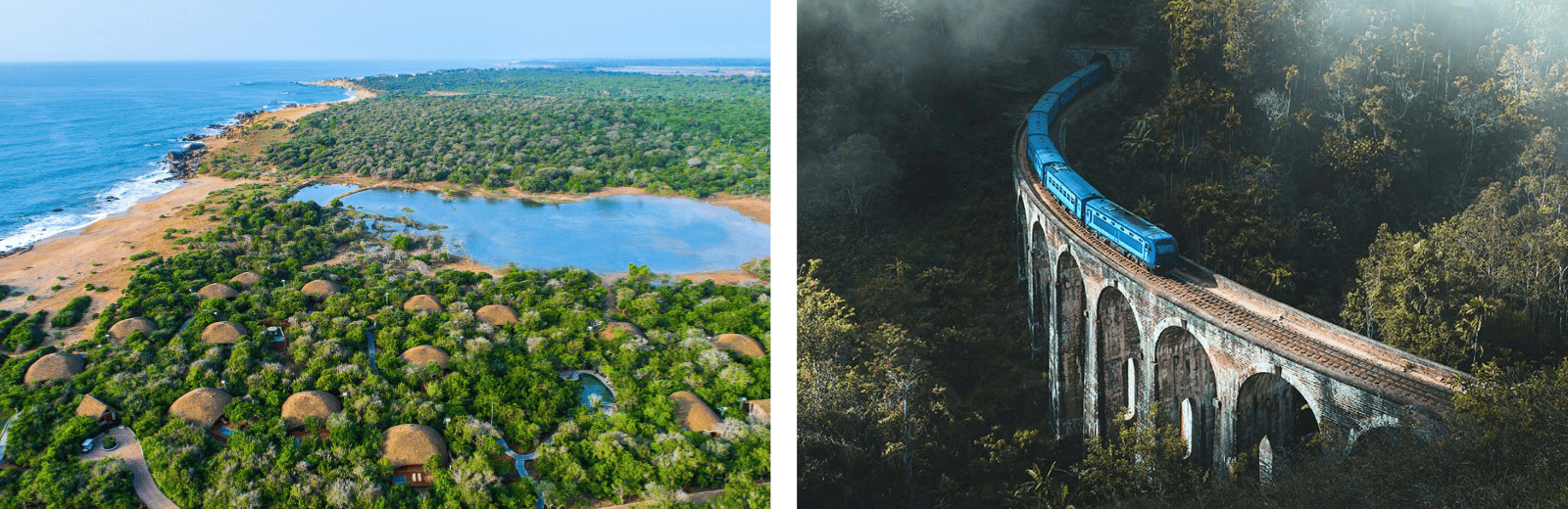 Two images: a train crossing a bridge and another train near a beach, showcasing different scenic locations.