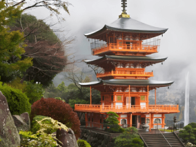 A serene pagoda atop a hill overlooks a cascading waterfall, surrounded by lush greenery.