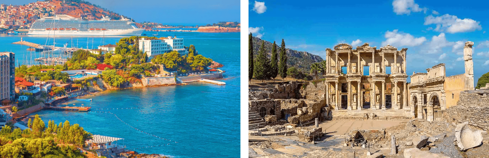 A pair of images depicting the same city with a cruise ship docked, highlighting urban architecture and maritime views.