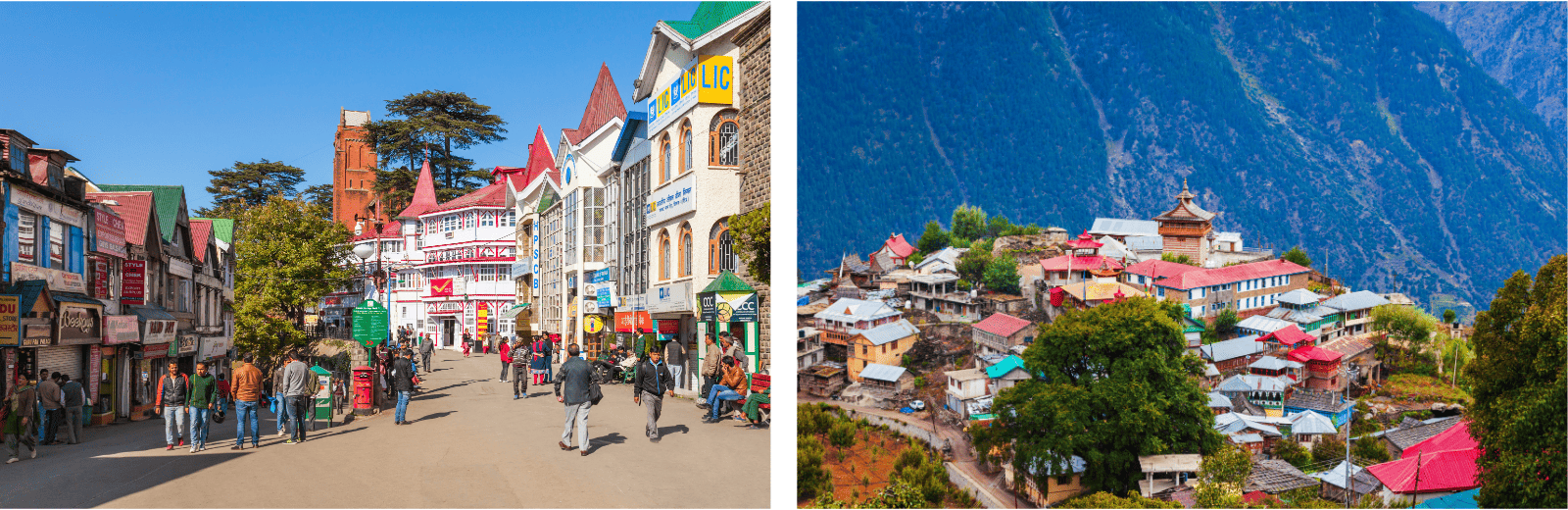 Two images of a town with people walking, featuring a mountain backdrop in the distance.