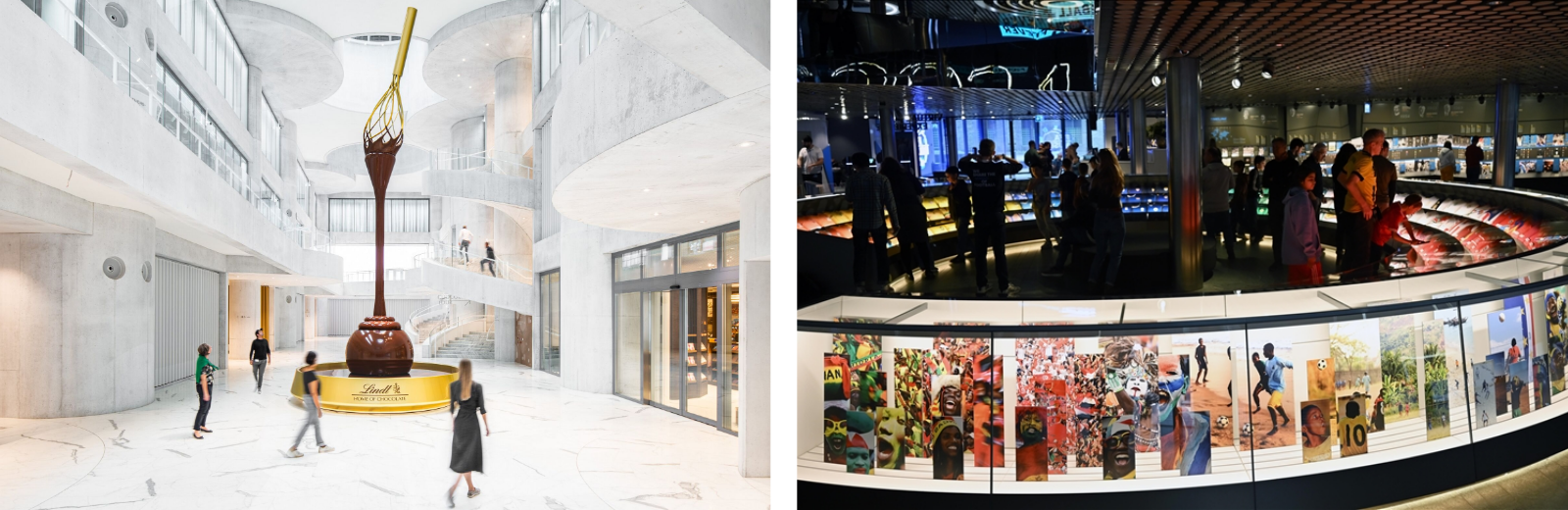 Interior view of Lindt building featuring a large glass display case showcasing various items. On right side, view of FIFA football history in museum.