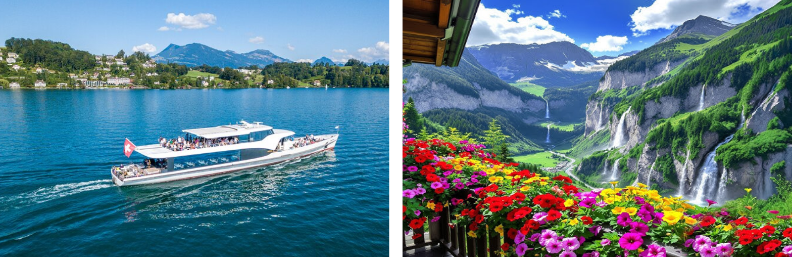 Two pictures depict a cruise floating on water, framed by a majestic mountain in the background, showcasing nature's beauty. And, on the right, there is Valley of 72 waterfalls.