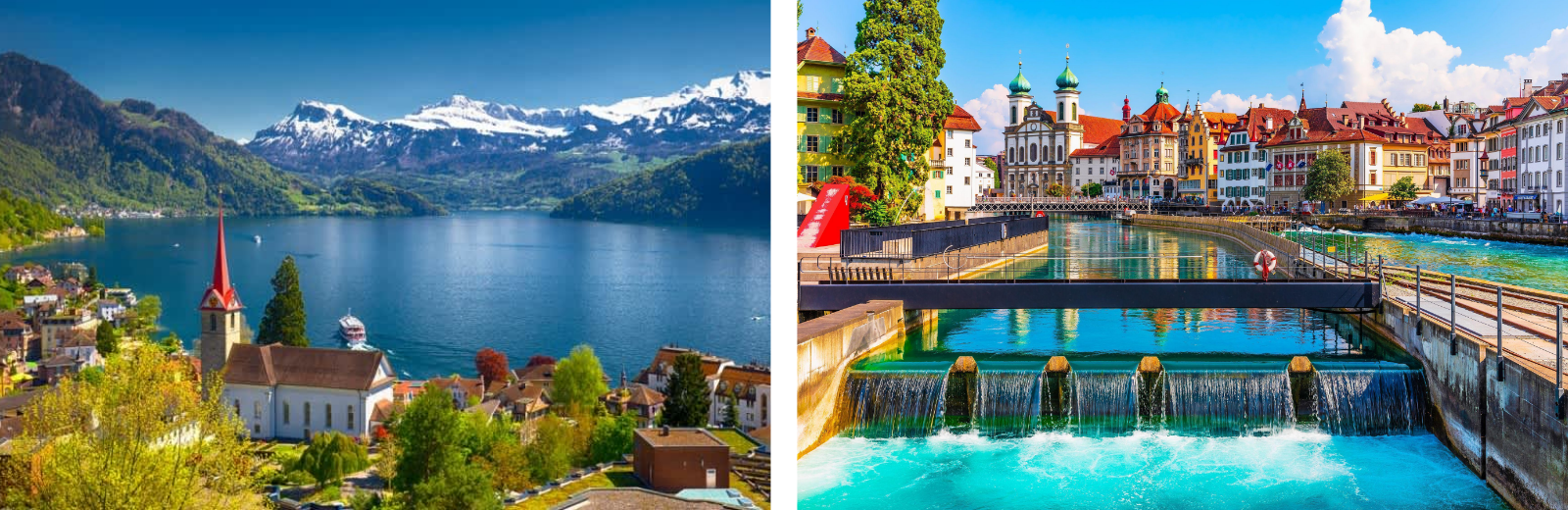 A pair of images featuring a bustling city of Zurich and a tranquil river scene.
