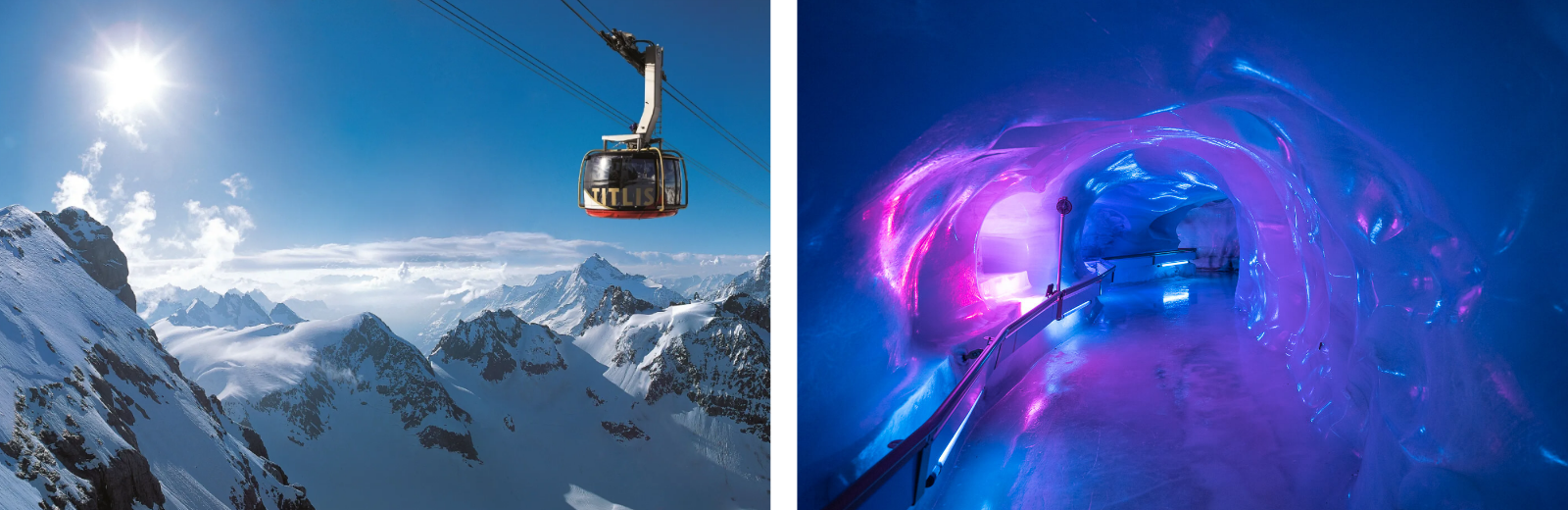 A pair of photos featuring a ski lift and a scenic mountain view of Mt. Titlis, highlighting winter sports and on the right side of the image, there is Mt. Titlis cave to explore.
