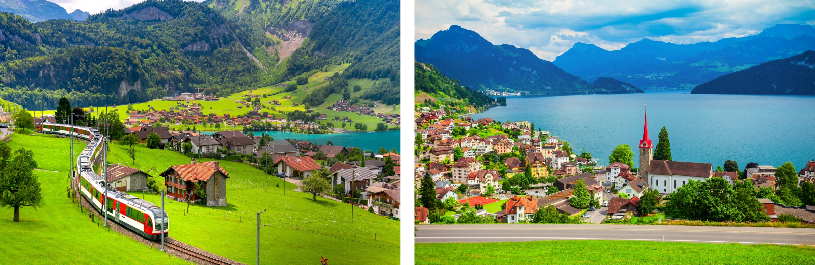 Two visuals: a train on its route and a peaceful lake reflecting the sky, highlighting travel and nature.